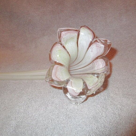 Vtg Hand Blow Art Glass Long Stem Flower 8 Petals Pink Cream Tan Swirl 22" EUC - Picture 1 of 7